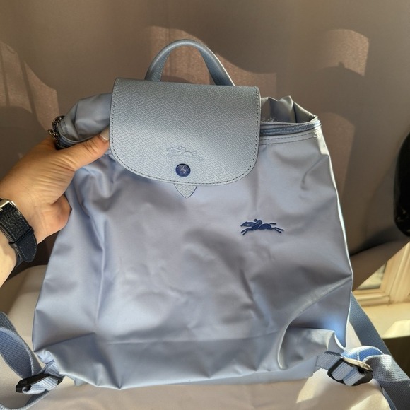 Longchamp Le Pillage Sac A Dos Nylon Leather Small Backpack Purse Bag Light Blue - Picture 2 of 14